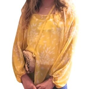 A New Day Gorgeous Bright Yellow Sheer Top With Floral Detail JRs Size Small